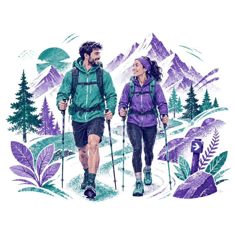 A man and woman hiking on a mountain trail with poles — Hiking earns Move Points in Kinobolt