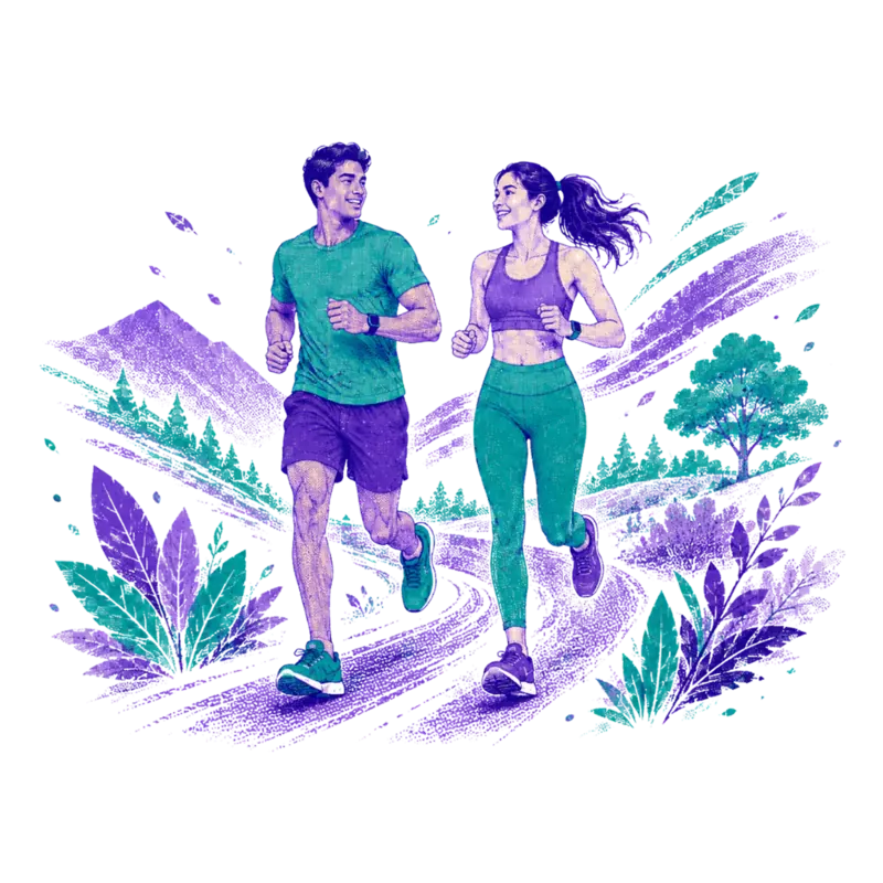 A man and a woman running side by side — Running earns Move Points in Kinobolt