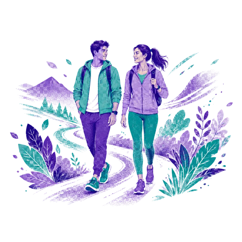 Two friends walking together along a path — Walking earns Move Points in Kinobolt