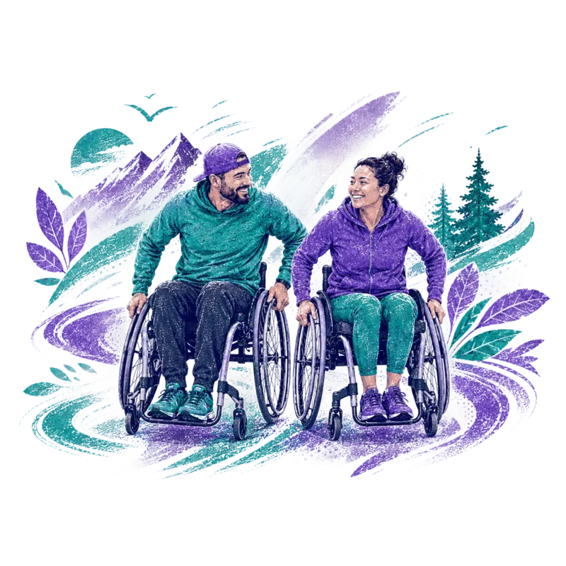 Two wheelchair users pushing outdoors together — Wheelchair earns Move Points in Kinobolt