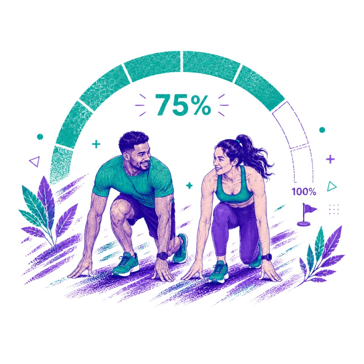Two runners in starting position under a progress arc that has filled to 75% — Kinobolt rewards the day's movement by unlocking blocked apps once the goal is reached